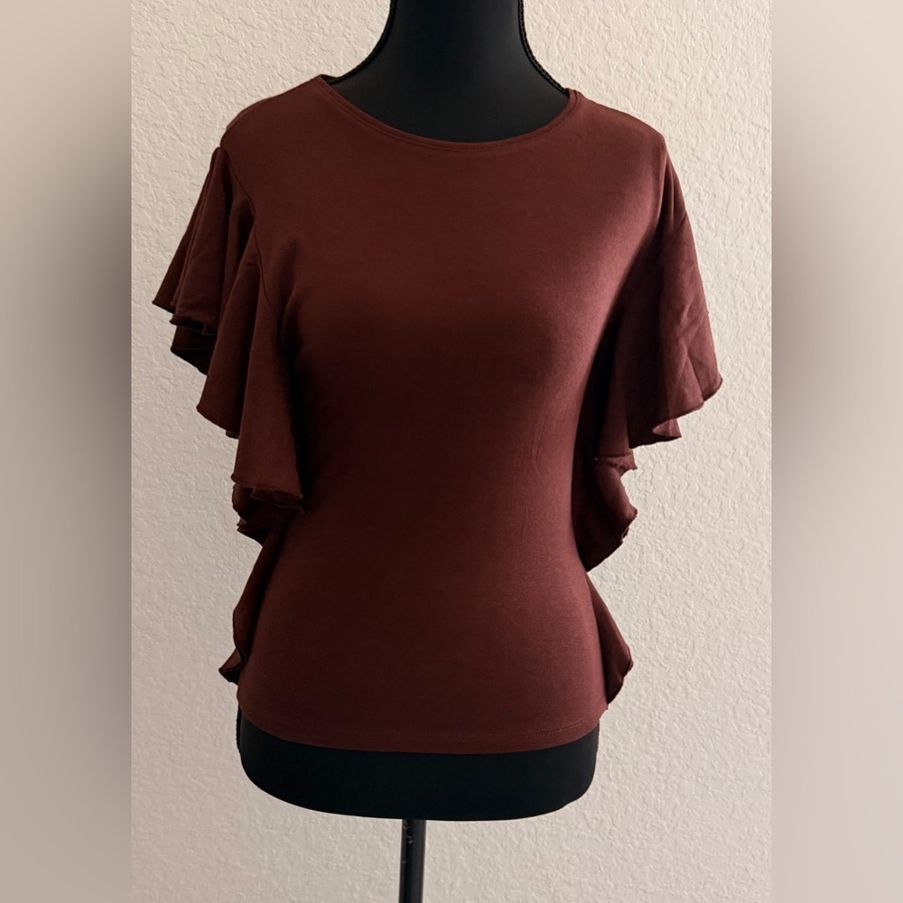 ZARA Chocolate Brown Ruffle Sleeve Blouse | Feminine Chic Top - Picture 3 of 7